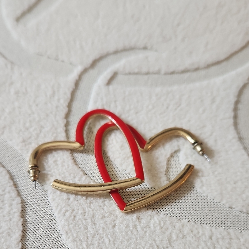 Gold and Red Heart-Shaped Earrings